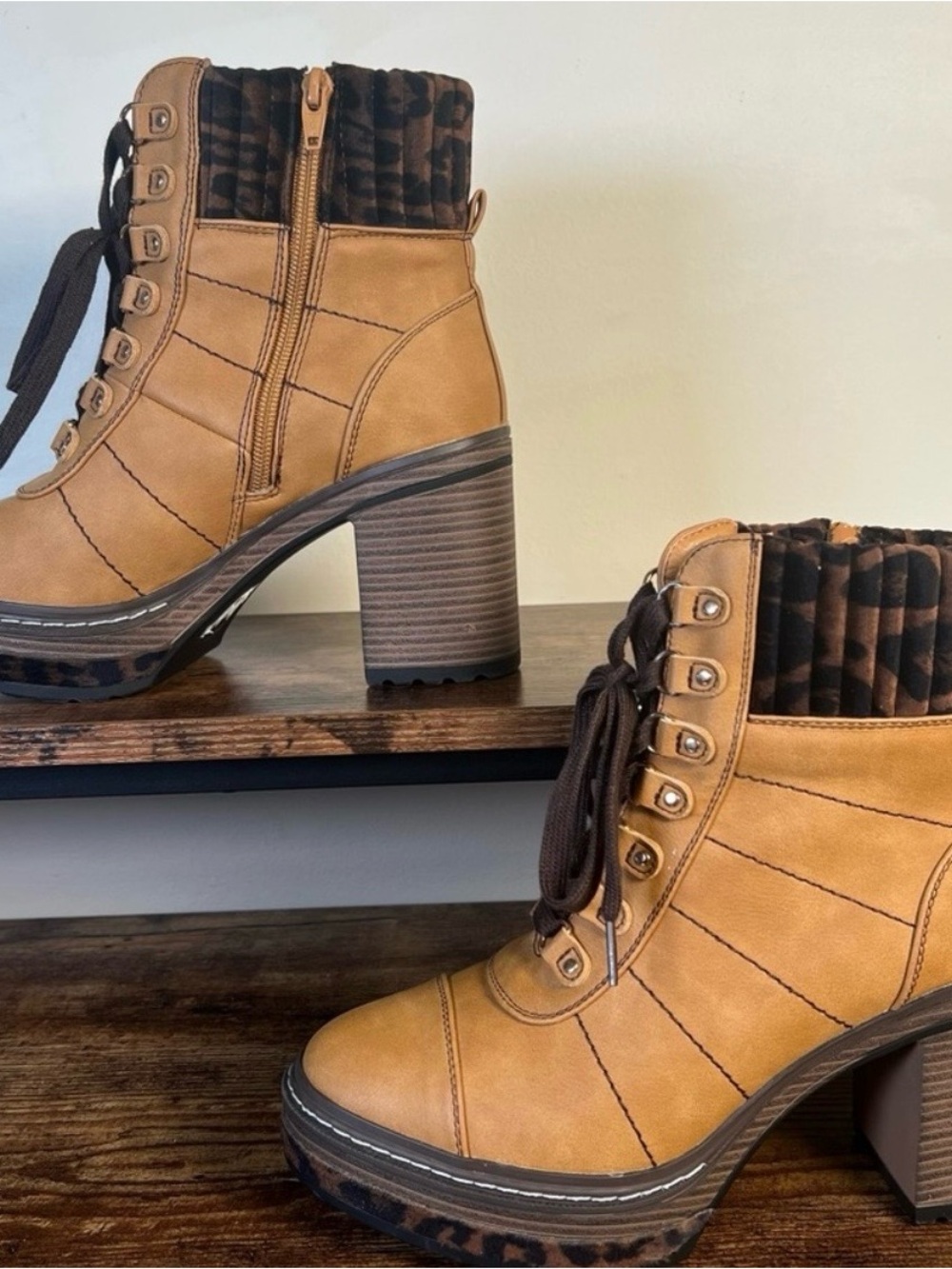 Women's Tan Heeled Ankle Boots with Leopard Accent REASONABLE OFFERS ONLY
